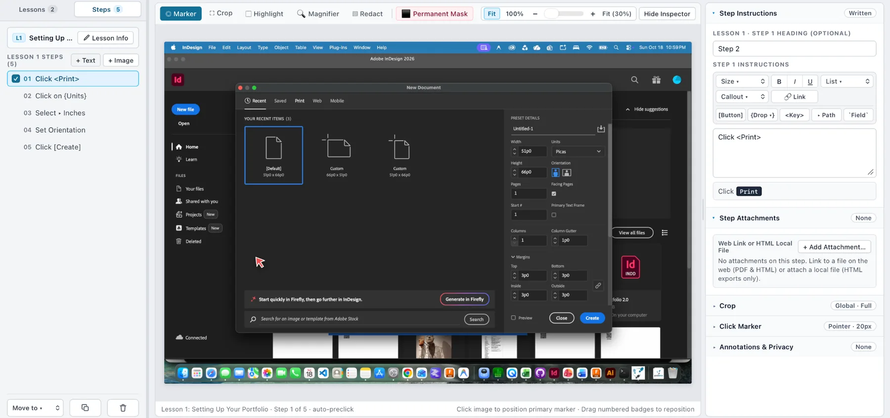 Real Gradatimo desktop editor showing lessons on the left, the captured application in the center, and editable step instructions on the right